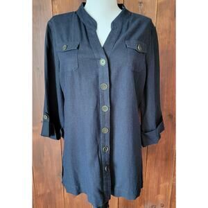Classiques Entier Atelier M Blue Linen Blend Blouse Brass Button Roll Tab Sleeve